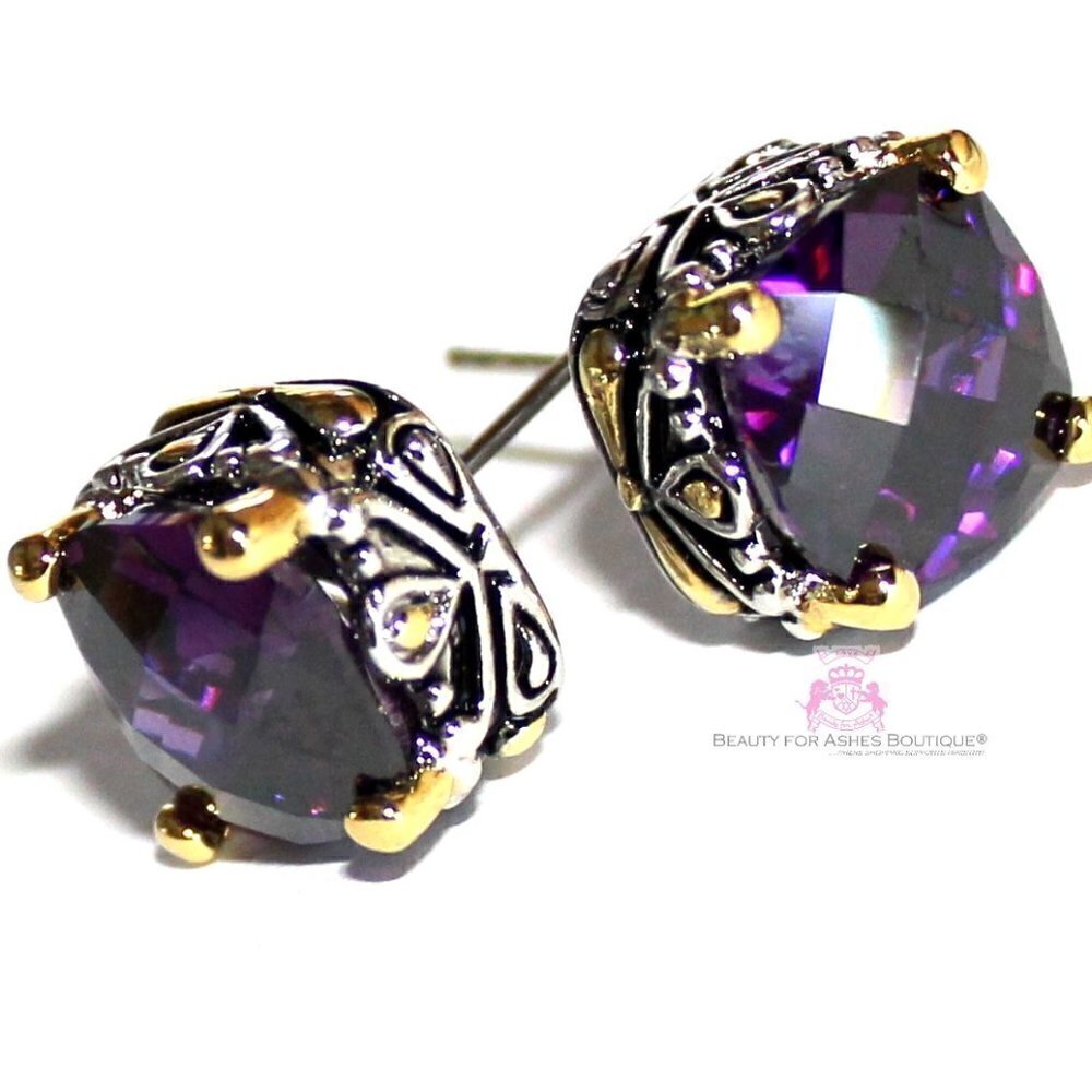 10mm Checker Cut Two Tone Throne Room Dark Purple Amethyst CZ Earrings